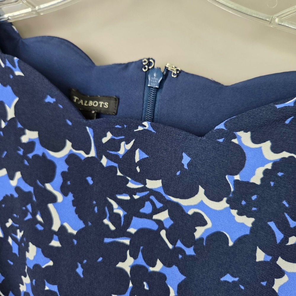 Talbots Blue Floral Scalloped Neck Sheath Dress 3/4 Sleeve Navy White Size 2 - Picture 10 of 16